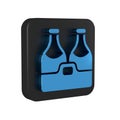 Blue Champagne bottle icon isolated on transparent background. Merry Christmas and Happy New Year. Black square button. Royalty Free Stock Photo