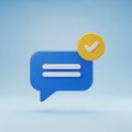 Blue chat bubble icon with a yellow circle containing a white checkmark message communication Royalty Free Stock Photo