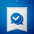 Blue Check mark in speech bubble icon isolated on blue background. Security, safety, protection, privacy concept. Tick Royalty Free Stock Photo