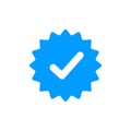 Blue check mark tick verification icon symbol. Confirm checkmark label approval quality product verification blue tick. Royalty Free Stock Photo