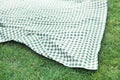 Blue checkered picnic cloth on green grass background,empty space food advertisement backdrop Royalty Free Stock Photo