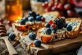 Blue Cheese on Bread, Gorgonzola with Berries and Honey, Bruschetta with Ricotta, Blueberries