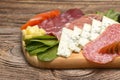 Blue cheese and cold meat platter with salami, slices ham prosciutto, cheese, olives and herbs Royalty Free Stock Photo