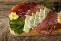 Blue cheese and cold meat platter with salami, slices ham prosciutto, cheese, olives and herbs Royalty Free Stock Photo