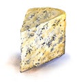 Blue cheese, Gorgonzola, slice, closeup, watercolor illustration on white
