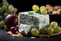 Blue cheese with grapes on black background. Commercial promotional food photo