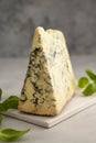 Blue cheese piece with fresh basil leaves over gray background. One triangle of cheese Royalty Free Stock Photo