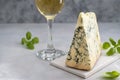 Blue cheese piece witha glass of white wine over gray background. One triangle of cheese Royalty Free Stock Photo