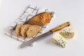 Blue cheese, two portions with bread, milk and walnuts Royalty Free Stock Photo