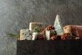 Blue cheese with walnuts, bread, and rosemary Royalty Free Stock Photo