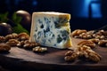 blue cheese and walnuts on wooden board