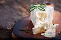 Blue cheese on the wooden background.