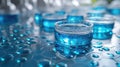 Blue chemical compounds in petri dishes on a hexagonal pattern surface