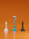 Blue chess pawn deciding which king to follow. Decision, loyalty concept. Digital 3D rendering