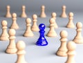 An blue chess pawn standing in the middle wooden chess pawn, 3d illustration