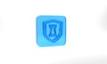 Blue Chess shield icon isolated on grey background. Business strategy. Game, management, finance. Glass square button