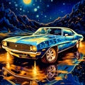 Blue 1969 Chevy Camero at night with gold stripes. Generative AI Royalty Free Stock Photo