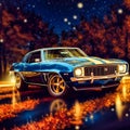 Blue 1969 Chevy Camero at night with gold stripes. Generative AI Royalty Free Stock Photo