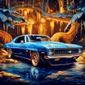 Blue 1969 Chevy Camero at night with gold stripes. Generative AI Royalty Free Stock Photo