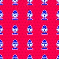 Blue Chicken egg on a stand icon isolated seamless pattern on red background. Vector