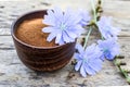 Blue chicory flower and a bowl of instant chicory powder on an old wooden table. Chicory powder. The concept of healthy eating a Royalty Free Stock Photo