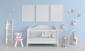 Blue child bedroom with frame mockup, 3D rendering Royalty Free Stock Photo