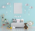 Blue child room with frame mockup, 3D rendering