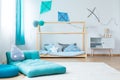 Blue child`s bedroom with mattress Royalty Free Stock Photo