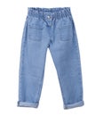 Blue child`s jeans isolated on white.Loose trendy pants.Denim kid`s trousers
