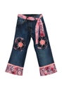 Blue children girl jeans with pink flowers pattern isolated on w