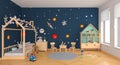 Blue children room interior, 3D rendering