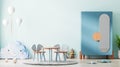 Blue children room interior mock up with cupboard, toys and kids table, scandinavian kids room interior background, 3d rendering