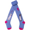 Blue children`s tights with a pattern of cats, half twisted, on a white background