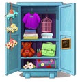 Blue childrens wardrobe with female clothes, toys and other stuff.