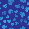 Blue Chocolate cookies with marijuana leaf icon isolated seamless pattern on blue background. Weed, ganja, medical and