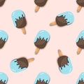 Blue Chocolate Ice-cream seamless pattern in paper cut style. Origami Melting ice cream.