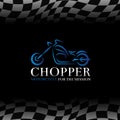 Blue chopper motorcycle logo symbol and Checkered flags background Royalty Free Stock Photo