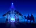 Christian Christmas on Blue Background with Wise Men and Jesus