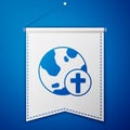 Blue Christian cross with globe Earth icon isolated on blue background. World religion day. White pennant template Royalty Free Stock Photo