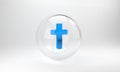 Blue Christian cross icon isolated on grey background. Church cross. Glass circle button. 3D render illustration