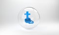 Blue Christian cross icon isolated on grey background. Church cross. Glass circle button. 3D render illustration
