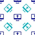 Blue Christian cross on monitor icon isolated seamless pattern on white background. Church cross. Vector