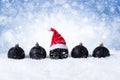 Blue Christmas Background - Decorated Black Balls with Santa Hat On Snow with snowflakes and stars Royalty Free Stock Photo