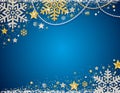 Blue christmas background with frame of golden and silver glittering snowflakes, stars and garlands, vector illustration