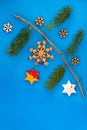 Blue christmas background, needles, twig, stars, bulbs Royalty Free Stock Photo