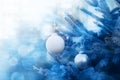 Blue christmas background with new year glass white balls on fir branch Royalty Free Stock Photo