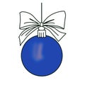 Blue Christmas ball with a bow. Christmas decor, isolated hand drawing illustration on white background Royalty Free Stock Photo