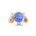 Blue christmas ball cartoon with mascot holding money bag Royalty Free Stock Photo