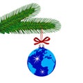 Blue Christmas Ball Decorated with Globe Hanging on Fir Tree. Royalty Free Stock Photo