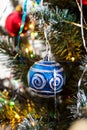 Blue christmas ball decoration on the fir tree branch Royalty Free Stock Photo